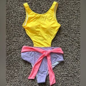 Hilinker Vibrant Yellow and Pink Color Block One Piece Swimsuit